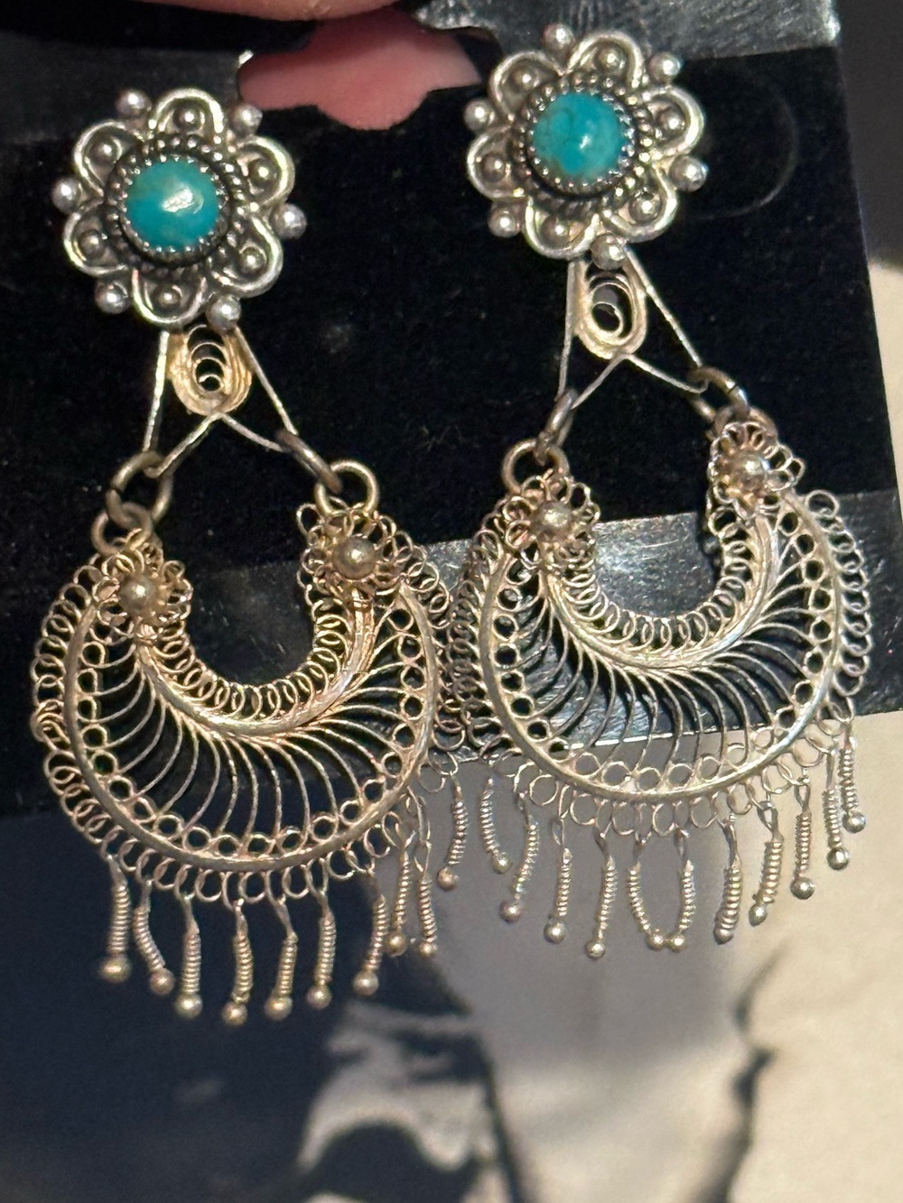 Native Stamped turquoise studs with removable antique silver filigree addition